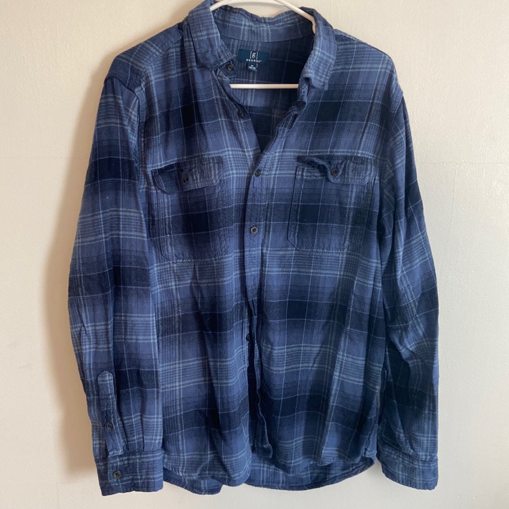 men’s flannel button down, different shades of blue